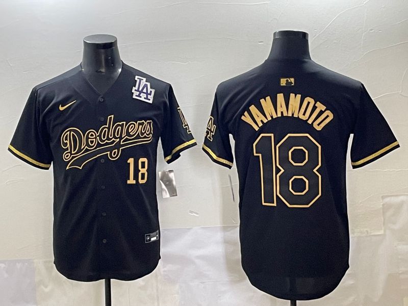 Men 2025 Los Angeles Dodgers 18 Yamamoto Black Gold Five generations Nike MLB Jersey style 12
